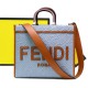 Lot 330FEND1 Sunshine medium tote bag in denim with FENDI Mirror pattern all over brown rigid leather handles decorated with FENDI ROMA features spacious lined interior compartments leather silhouette and gold finish metal pieces with two carry handles an