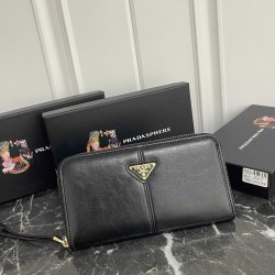 PRADA Prada Waxed Leather Metal Triangle Logo Zipper Closure Leather Wallet Unisex No. 316 Color Black Pink Gray