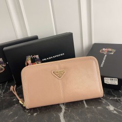 PRADA Prada Waxed Leather Metal Triangle Logo Zipper Closure Leather Wallet Unisex No. 316 Color Black Pink Gray