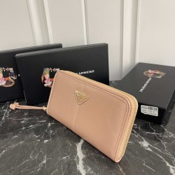 PRADA Prada Waxed Leather Metal Triangle Logo Zipper Closure Leather Wallet Unisex No. 316 Color Black Pink Gray