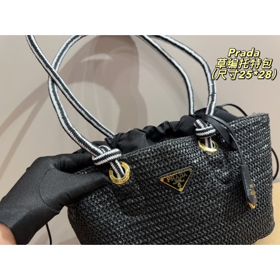 290 with box size 2528 Prada Prada Straw Tote Bag Prada Woven Tote Bag Spring and Summer new bag is made of rustic natural raffia crochet style sweet and fresh capacity daily travel must-have fashion items super suitable for travel vacation