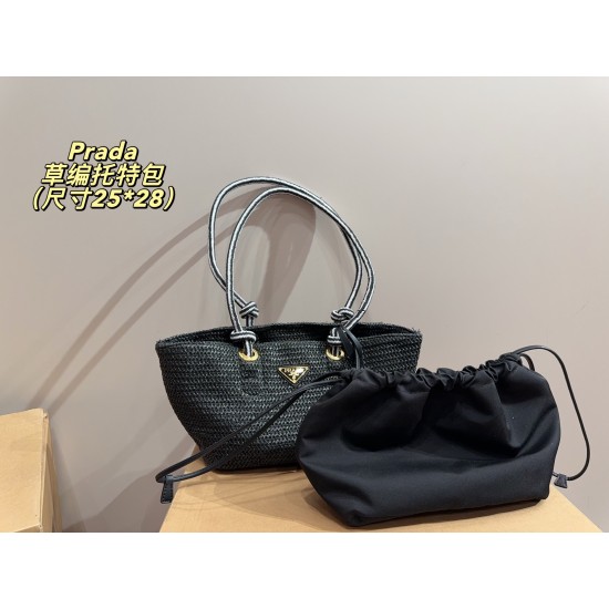 290 with box size 2528 Prada Prada Straw Tote Bag Prada Woven Tote Bag Spring and Summer new bag is made of rustic natural raffia crochet style sweet and fresh capacity daily travel must-have fashion items super suitable for travel vacation