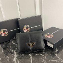 PRADA Prada Oiled and enameled leather with triangular metal logo Leather wallet Small Women's No. 313 Color Black Pink Gray