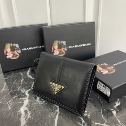 PRADA Prada Oiled and enameled leather with triangular metal logo Leather wallet Small Women's No. 313 Color Black Pink Gray