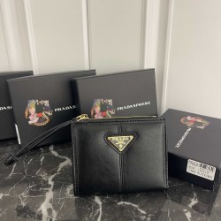 PRADA Prada Waxed Leather Triangle Enamel Logo Soft Cowhide Wallet Small Women's No. 314 Color Black Pink Gray