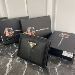 PRADA Prada Waxed Leather Triangle Enamel Logo Soft Cowhide Wallet Small Women's No. 314 Color Black Pink Gray