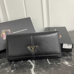 PRADA Prada oiled leather enameled metal triangle logo snap closure leather wallet large women's No. 310 color black pink gray
