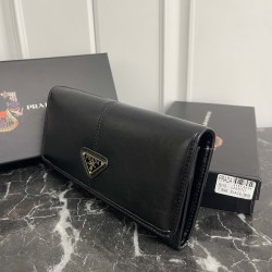 PRADA Prada oiled leather enameled metal triangle logo snap closure leather wallet large women's No. 310 color black pink gray