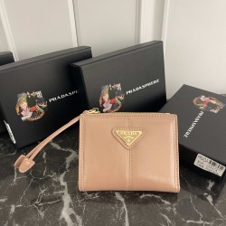 PRADA Prada Waxed Leather Triangle Enamel Logo Soft Cowhide Wallet Small Women's No. 314 Color Black Pink Gray