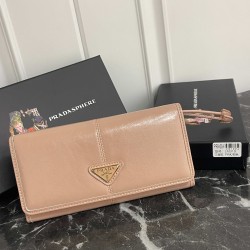 PRADA Prada oiled leather enameled metal triangle logo snap closure leather wallet large women's No. 310 color black pink gray