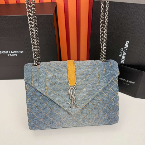 230 YSL denim envelope bag silver Logo is too poke heart Denim rivets collision is also too cool it casually a clip is lazy French style spring and summer back it out of the door directly asked burst Envelope bag design thin and light can be loaded with a