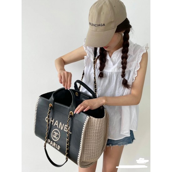 1200 Chanel coco beach bag black cow weave beach bag 34cm classic stunning