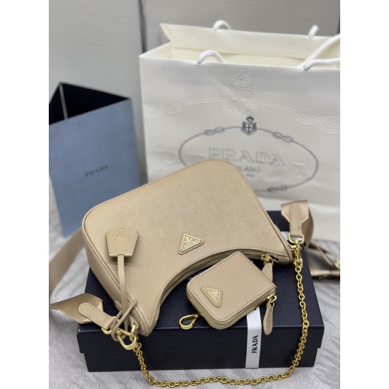 F580 with a full set of the right version of the counter packaging exclusive custom upgraded version of the three-in-one new 1BH204 cross grain nude apricot gold hardware nylon Hobo hand-carrying armpit bag Netroots Sisters crazy grass popular in the fash