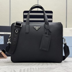 F720 Classic Briefcase 2VE368 cross grain using imported Saffiano cross grain cowhide leather removable adjustable nylon shoulder strap design looks more fashionable metal accessories and titanium zipper functionality internal compartment two pockets one 