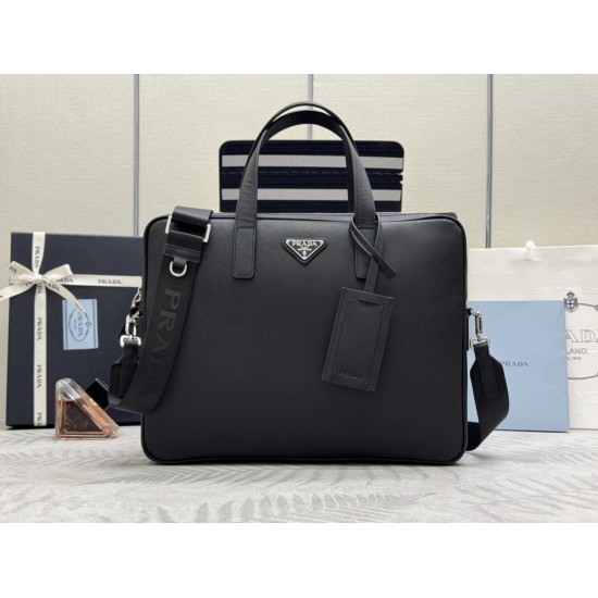 F720 Classic Briefcase 2VE368 cross grain using imported Saffiano cross grain cowhide leather removable adjustable nylon shoulder strap design looks more fashionable metal accessories and titanium zipper functionality internal compartment two pockets one 