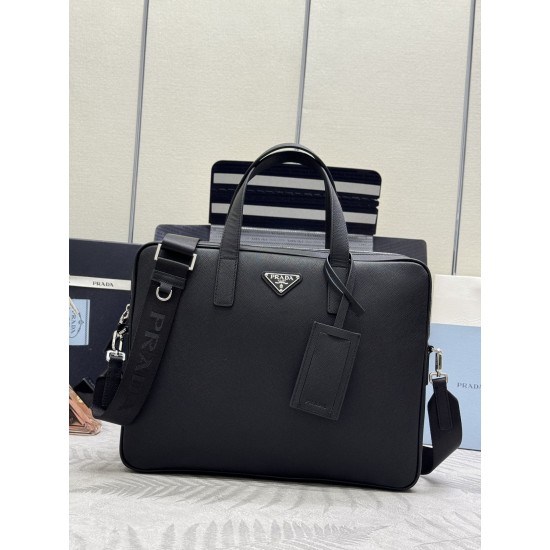 F720 Classic Briefcase 2VE368 cross grain using imported Saffiano cross grain cowhide leather removable adjustable nylon shoulder strap design looks more fashionable metal accessories and titanium zipper functionality internal compartment two pockets one 
