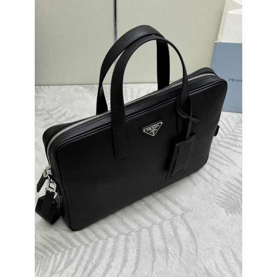 F720 Classic Briefcase 2VE368 cross grain using imported Saffiano cross grain cowhide leather removable adjustable nylon shoulder strap design looks more fashionable metal accessories and titanium zipper functionality internal compartment two pockets one 