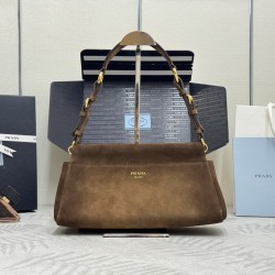 F670 with Counterpart Full Package Fall/Winter 2025 New Suede 1BC262 Enchan Brushed Leather Handbag features a vintage glamorous silhouette with a practical and modern structure that reinterprets classic feminine shapes enriched by soft silhouettes and em